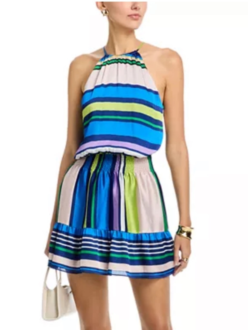 Ramy Brook Striped Halter Dress in Blue, Green & Cream